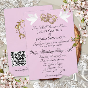 Invitación Palomas, Corazones, Código QR - Perla Rosa/Oro