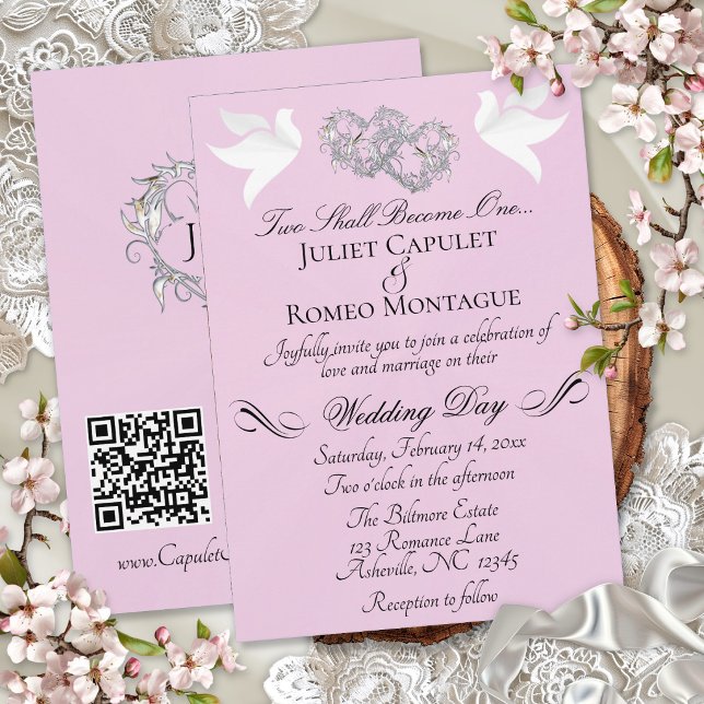Invitación Palomas, Corazones, Código QR - Perla Rosa/Plata (Subido por el creador)