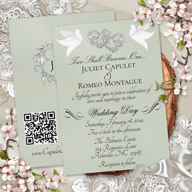 Invitación Palomas, Corazones, Código QR - Perla/S plata (Subido por el creador)
