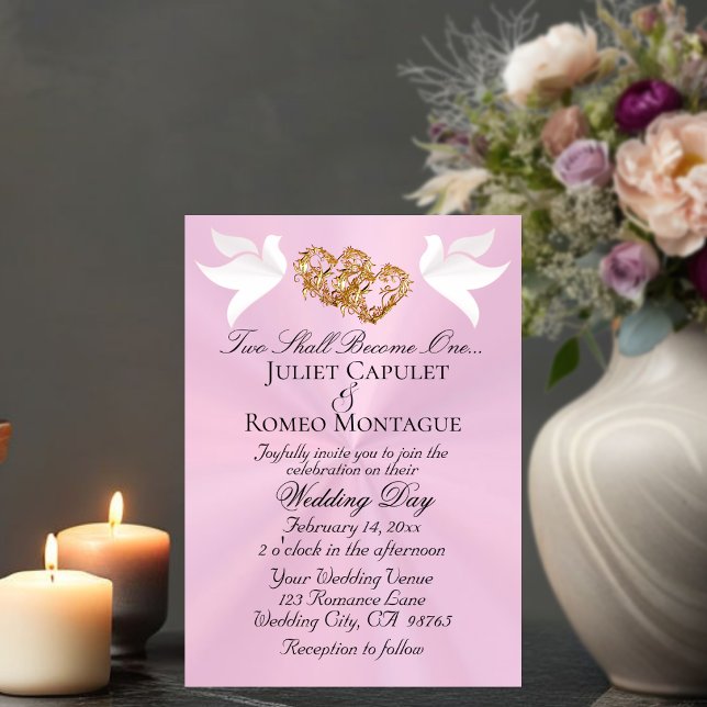 Invitación Palomas, Corazones, Código QR - Rosa Pastel/Oro (Subido por el creador)