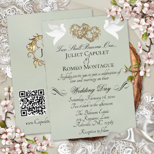 Invitación Palomas, Corazones, Código QR - Sage Perla/Oro