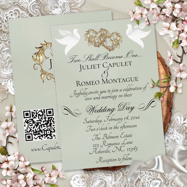 Invitación Palomas, Corazones, Código QR - Sage Perla/Oro (Subido por el creador)