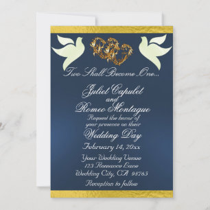 Invitación Palomas, Corazones y Cinta, código QR - Azul/Oro
