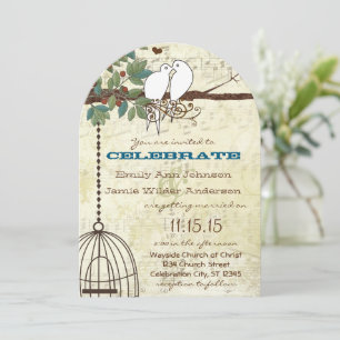 Invitación Palomas de Amor Verde Azul Sentadas en un Árbol Bo