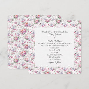 Invitación Palomas de boda lindas con peonías rosadas y cinta