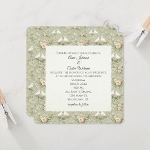 Invitación Palomas de boda y cintas verde salvia