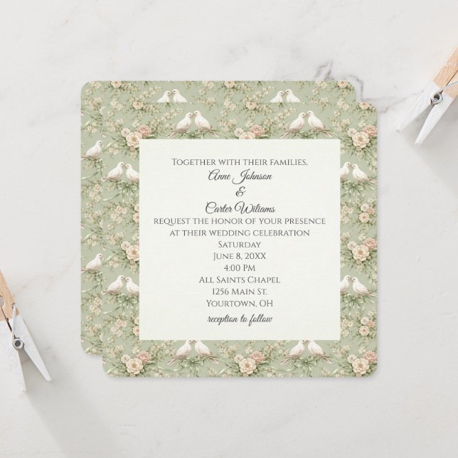 Invitación Palomas de boda y cintas verde salvia (Anverso/Reverso In Situ)