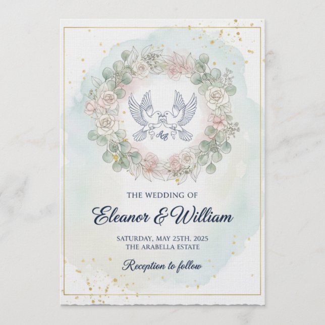 Invitación Palomas románticas  Bodas de acuarela floral rosa (Anverso)