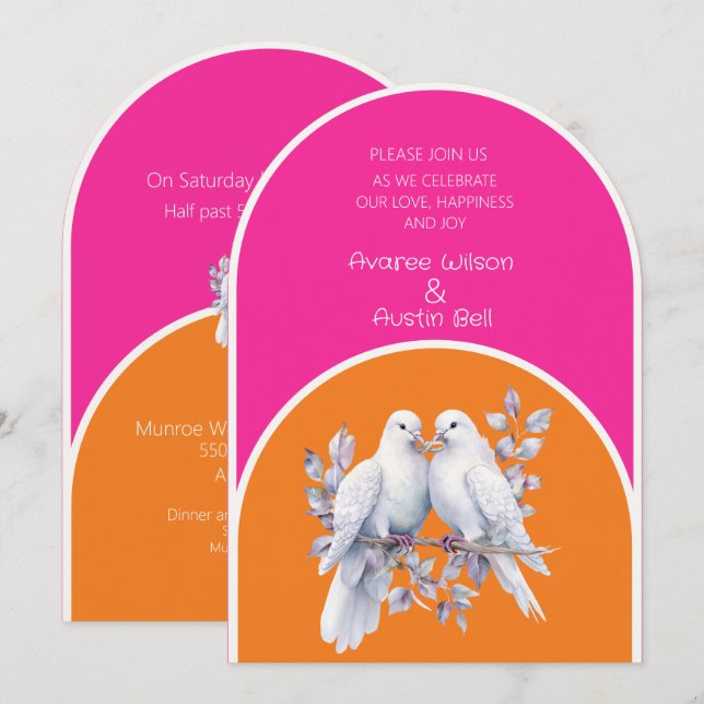 Invitación Palomas y anillos de rosado caliente y mandarina a (Anverso / Reverso)
