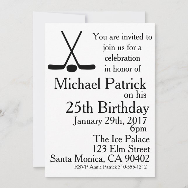 Invitación Palos De Hockey Y Fiesta De Cumpleaños De Puck (Anverso)