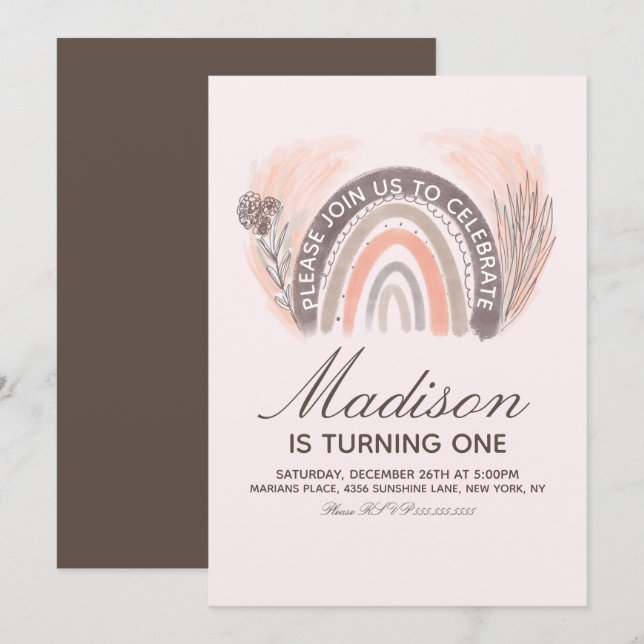 Invitación Pampas Arcoíris Garabato Bohemio Cumpleaños Rústic (Anverso / Reverso)