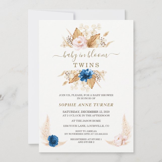 Invitación Pampas azul rosa Floral bebé de hierba en flor (Anverso)