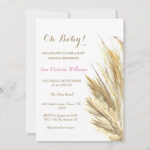 Invitación Pampas Bebé De Grasa Niña Acuarela Rosa Beige