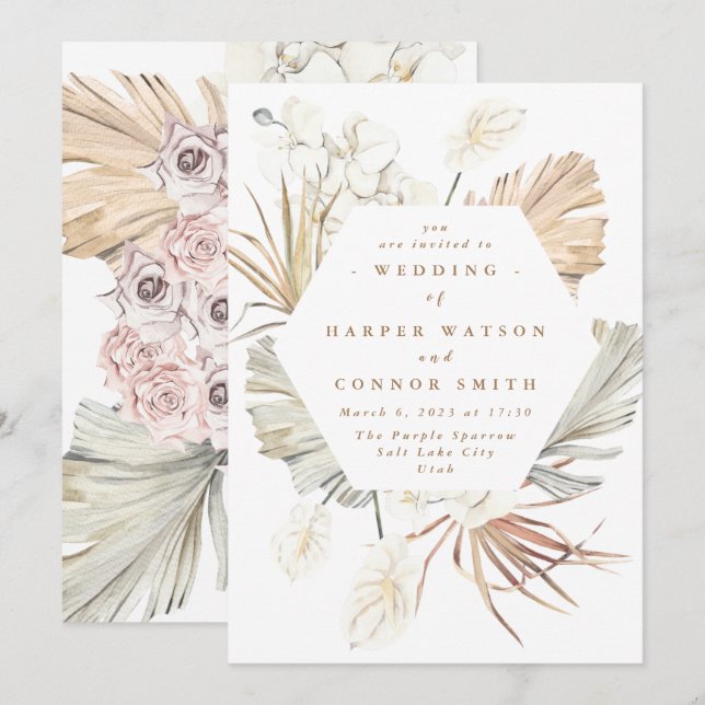 Invitación Pampas blancas jungla tropical con flores de gramo (Anverso / Reverso)