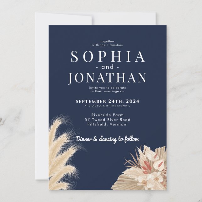 Invitación Pampas Boda azul de la Marina de Grass Moda modern (Anverso)