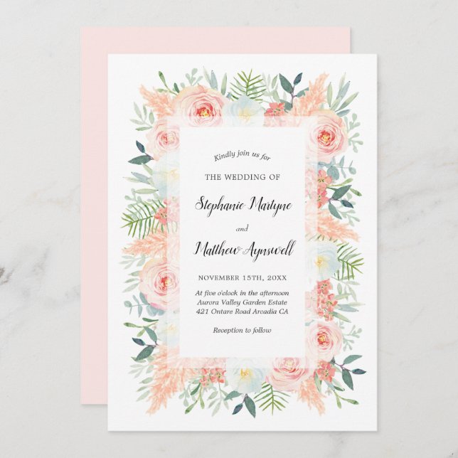 Invitación Pampas Boda de acuarela floral rosa (Anverso / Reverso)