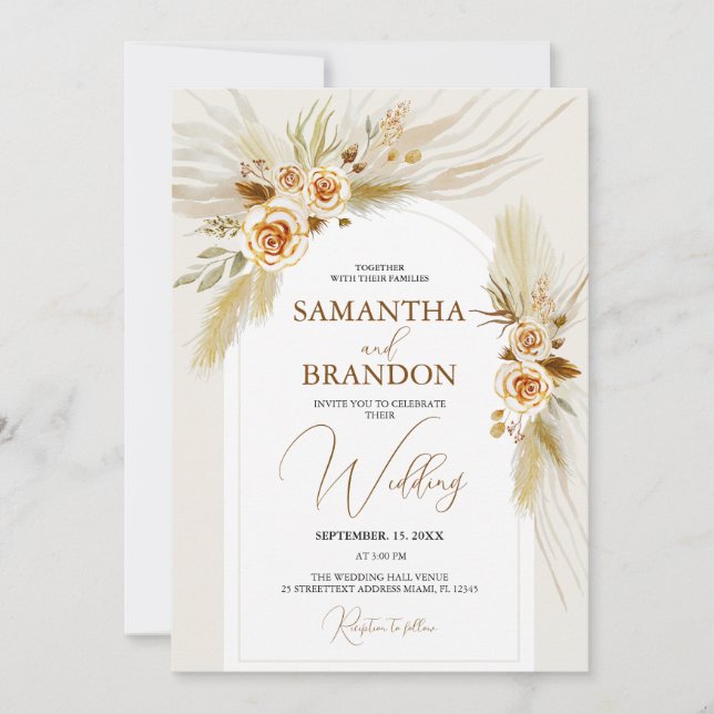 Invitación Pampas boda de boho acuarela de hierba (Anverso)