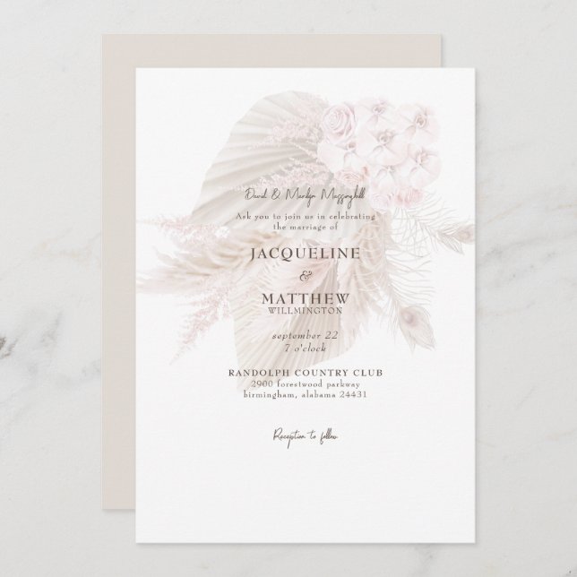 Invitación Pampas Boda de Padres de Novias Florales Rosa Amue (Anverso / Reverso)