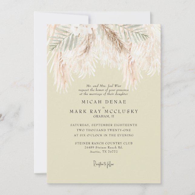 Invitación Pampas Boda simple amarillo suave (Anverso)