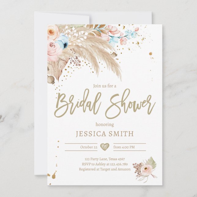 Invitación Pampas Boho Boho Tropical Rústica Ducha De Novias  (Anverso)