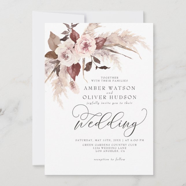 Invitación Pampas Boho Floral Watercolor Brown Beige Boda (Anverso)