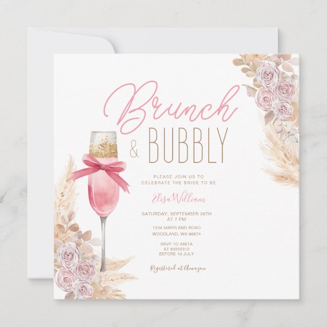 Invitación Pampas Bow Rosado Brunch & Bubbly Bridal Shower (Anverso)