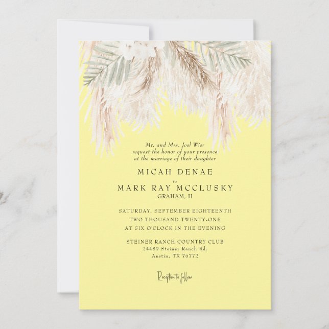 Invitación Pampas Buttery Yellow Simple Boda (Anverso)