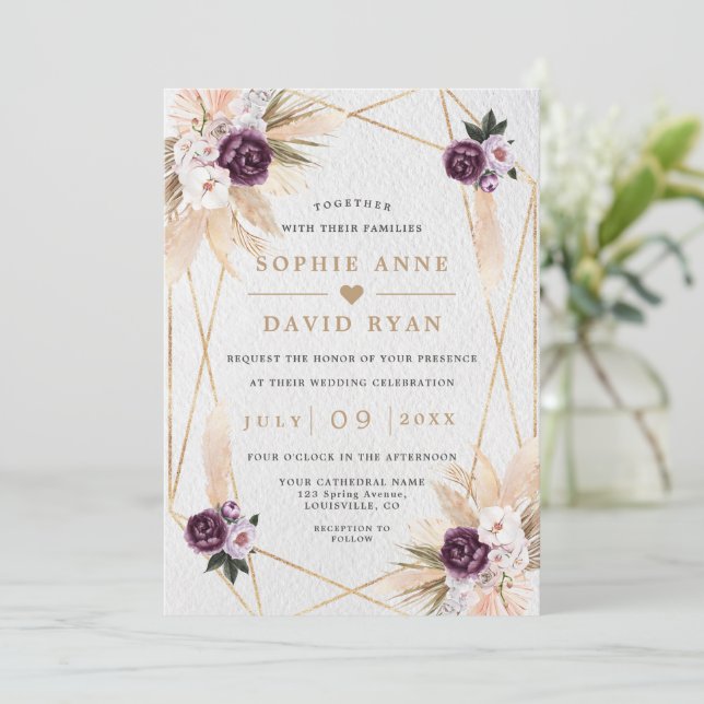 Invitación Pampas De Flor Púrpura Grasa Todo En Un Boda (Anverso de pie)