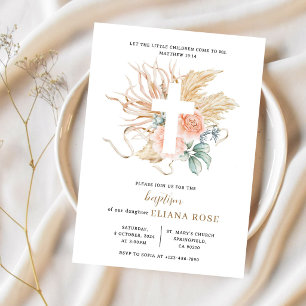 Invitación Pampas de hierba de bautismo Rosa Boho Cruz