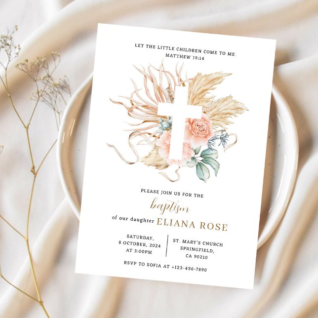 Invitación Pampas de hierba de bautismo Rosa Boho Cruz (Subido por el creador)