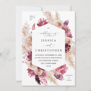 Invitación Pampas de hierba rosa boho floral boda beige