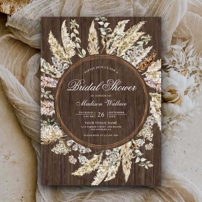 Invitación Pampas De Madera Rústica Ducha Bridal Boho Wreath (Subido por el creador)