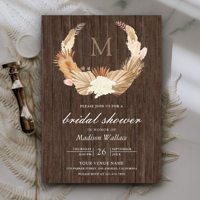 Invitación Pampas De Madera Rústica Wreath Dried Palm Bridal  (Subido por el creador)