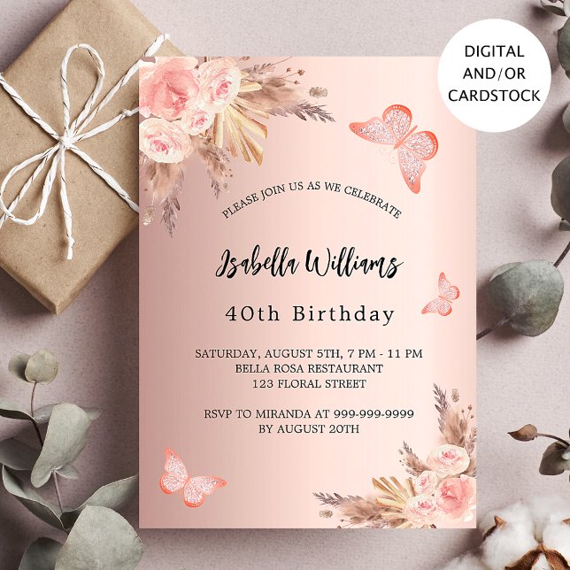 Invitación Pampas de mariposa de cumpleaños rosa de oro (Subido por el creador)