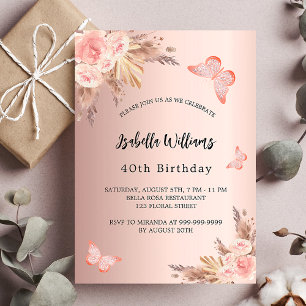 Invitación Pampas de mariposa de cumpleaños rosa oro floral l