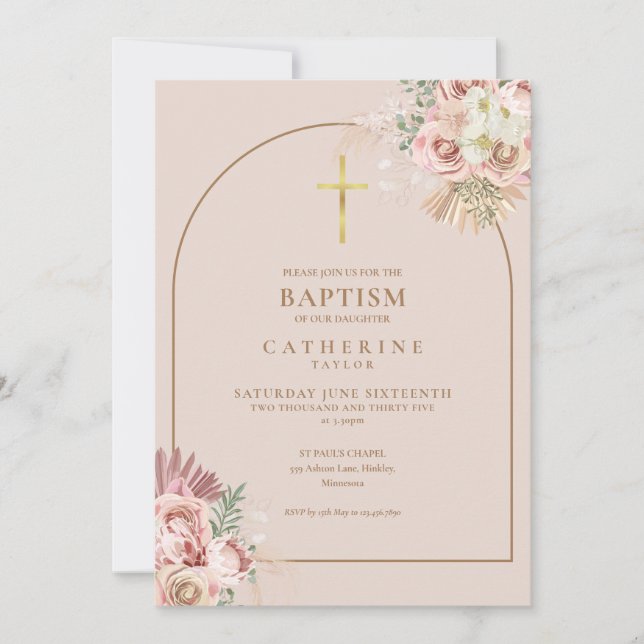 Invitación Pampas de oro rosa Chica de gramíneas Baptismo Cód (Anverso)