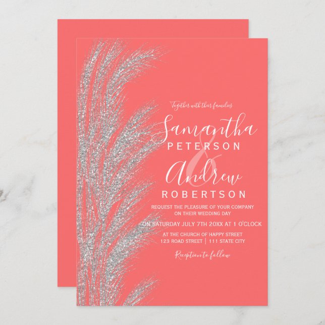 Invitación Pampas de plata boho boda de coral blanco (Anverso / Reverso)