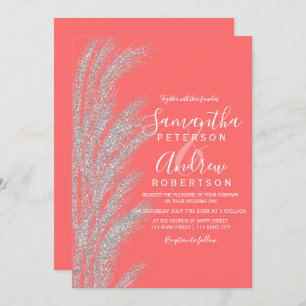 Invitación Pampas de plata boho boda de coral blanco