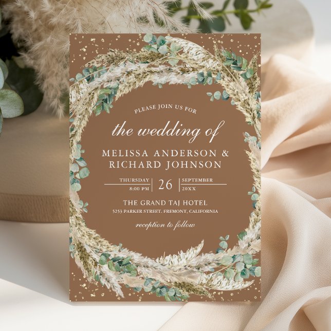 Invitación Pampas Eucalyptus Wreath Beige Tan Wedding (Subido por el creador)