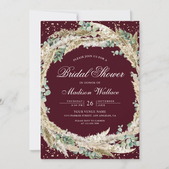 Invitación Pampas Eucalyptus Wreath Burgundy Bridal Shower (Anverso)