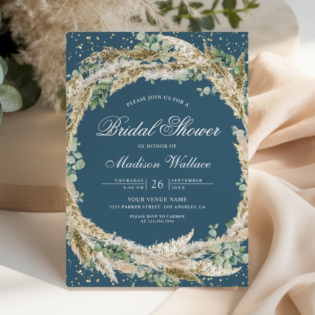 Invitación Pampas Eucalyptus Wreath Dusty Blue Bridal Shower (Subido por el creador)
