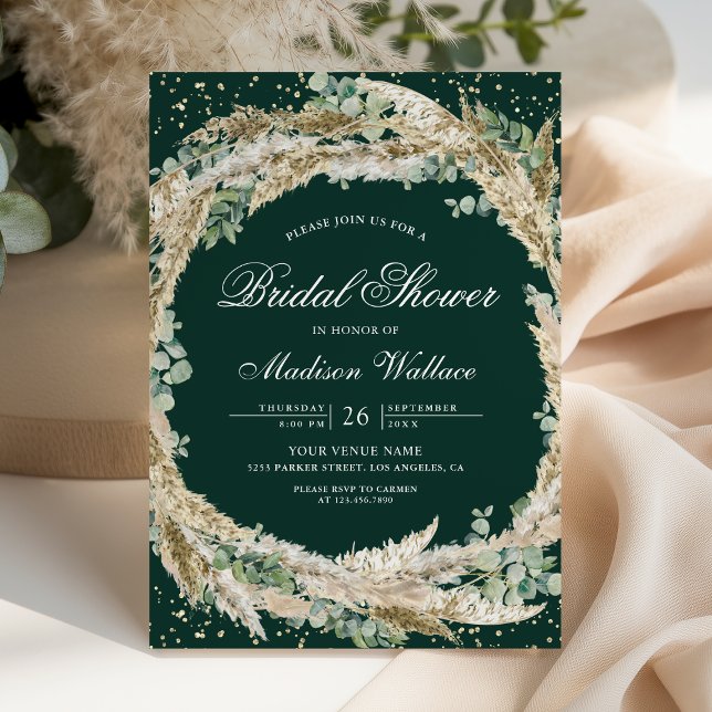 Invitación Pampas Eucalyptus Wreath Emerald Bridal Shower (Subido por el creador)