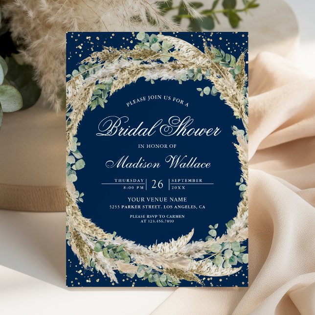 Invitación Pampas Eucalyptus Wreath Navy Blue Bridal Shower (Subido por el creador)