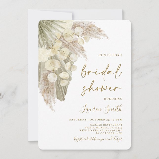 Invitación Pampas flautas palmas secas lunaria Ducha nupcial (Anverso)