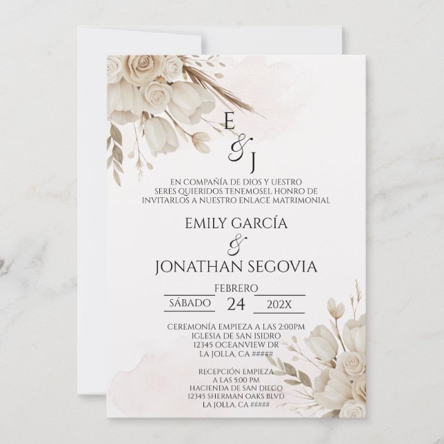 Invitación Pampas floral bouquet Spanish wedding  (Anverso)