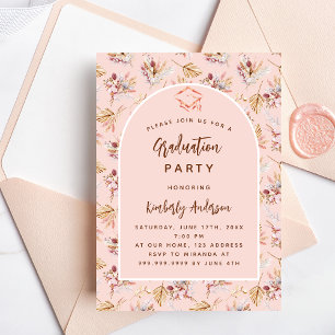 Invitación Pampas floral rosa de oro fiesta de graduación de