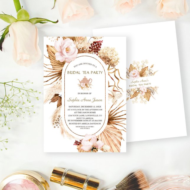 Invitación Pampas Floral Rosa Pampas Palm Grano Bridal Tea Fi (trendy bridal tea party invite, pampas grass terracotta bridal shower invitation, elegant bridal tea)