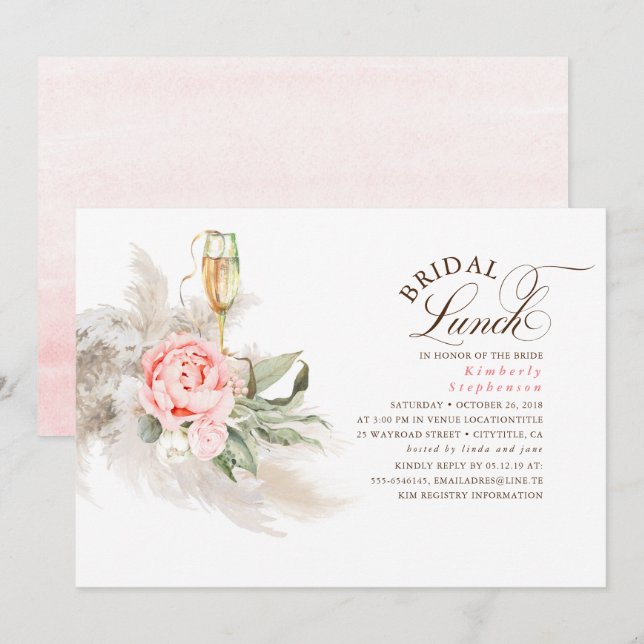 Invitación Pampas Floral Rosa Vegetación de hierbas Almuerzo  (Anverso / Reverso)