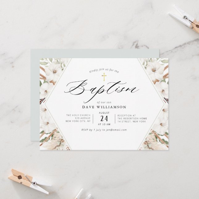 Invitación pampas florales blancas baptismo de marco elegante (Anverso/Reverso In Situ)