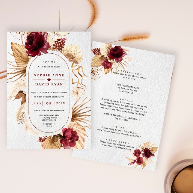 Invitación Pampas Florales Borgoñonas Todo En Un Boda (Burgundy pampas grass wedding invite, trendy terracotta floral wedding, modern floral dried leaves)